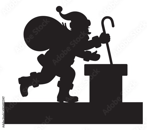 Silhouette of Santa Claus climbing down a chimney carrying a sack of gifts vector illustration for Christmas designs and holiday themes