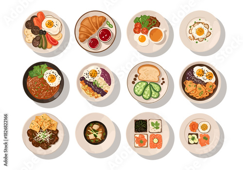 Twelve overhead views of diverse breakfast plates arranged in three rows