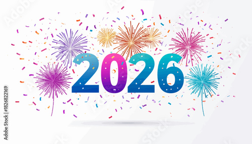 A vibrant illustration celebrating the New Year 2026 with colorful fireworks and falling confetti on a light background.