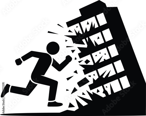 Earthquake person flees collapsing building icon.