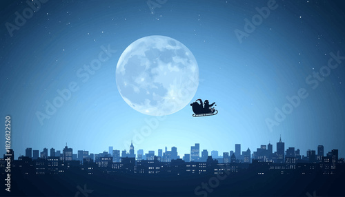 Santa Claus flying his sleigh with reindeer across a large full moon above a city skyline at night, evoking a magical Christmas scene.