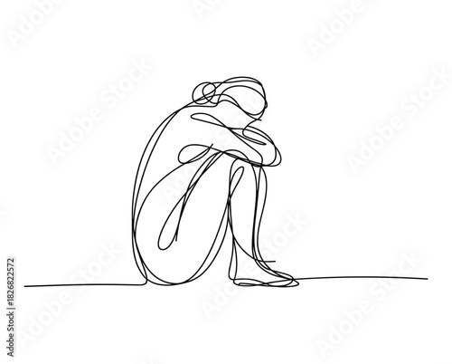 Single line drawing of a person sitting with knees drawn up to chest.