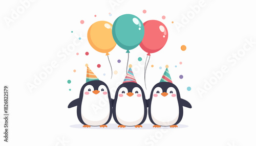Three adorable cartoon penguins wearing colorful party hats and celebrating with balloons and confetti.