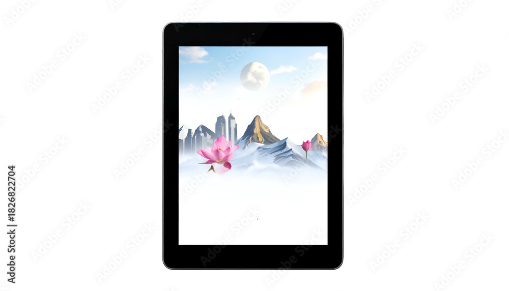 Fototapeta premium Tablet displaying a digital landscape mountains, moon, lotus flower, and scenic sky