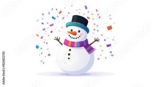 A happy snowman wearing a top hat and a striped scarf, with colorful confetti falling around him on a white background.