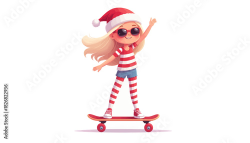 A cheerful cartoon girl with blonde hair wearing a Santa hat, sunglasses, and striped outfit, riding a skateboard.