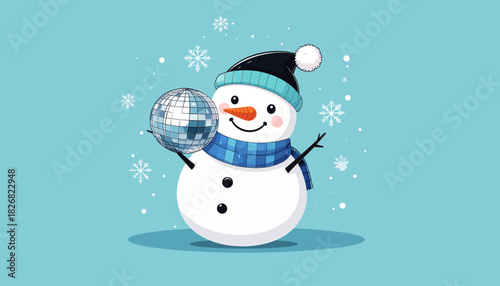 A cheerful cartoon snowman wearing a hat and scarf, holding a shiny disco ball on a light blue background with falling snowflakes.