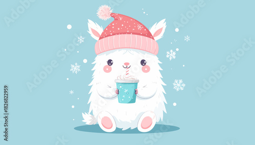 Cute fluffy white yeti-like creature wearing a pink winter hat and holding a warm drink with whipped cream, surrounded by falling snowflakes on a light blue background.