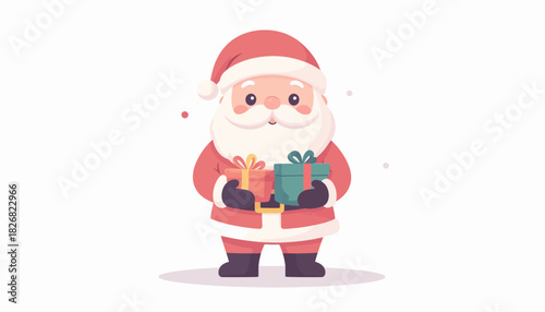 A cute cartoon illustration of Santa Claus wearing his traditional red suit and hat, holding two wrapped gift boxes, one red and one green, against a simple white background.