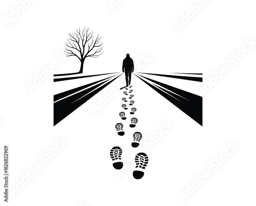 Silhouette of a person walking away leaving footprints on a path with a bare tree vector.