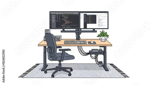 Modern developer workstation with dual monitors and ergonomic chair.
