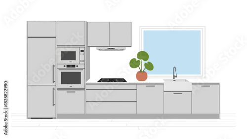 Modern kitchen design with built in appliances and cabinets.