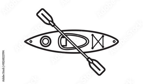 Simple line drawing of a kayak and paddle icon