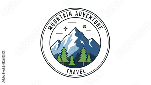 Mountain Adventure Travel Logo with Snowy Peaks and Evergreen Trees.
