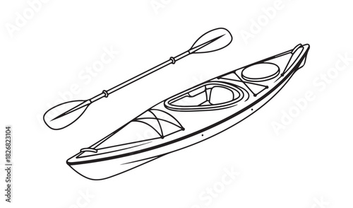 Hand drawn sketch of a kayak and paddle on a white background