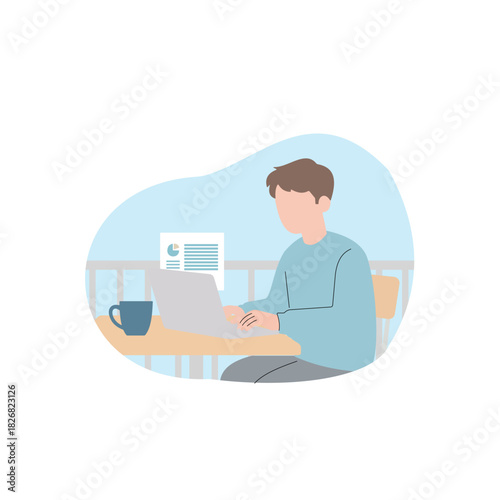 Man Working on Laptop Outdoors on Balcony or Terrace, Digital Nomad and Work From Anywhere Flat Illustration