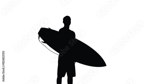 Silhouette of a surfer holding a surfboard against a white background