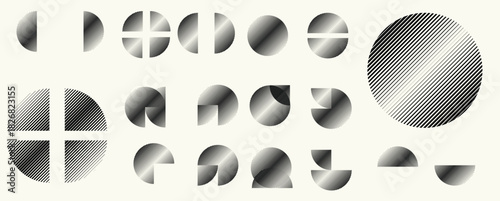 Abstract geometric line shapes set - modern deform semi circles and segmented circles for branding and layout design with red accent . Toolkit collection , for modular design projects. Vector pack.