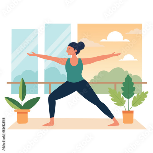 A Young Woman Practicing Yoga Warrior Pose on Her Balcony, In a Calm Morning Atmosphere, Surrounded by Indoor Plants, Wellness Clean Vector Illustration on White Background  