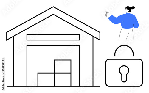 Warehouse with stacked boxes, lock icon emphasizing security, worker overseeing operations. Ideal for logistics, inventory, safety, protection, workplace management secure storage control. Simple