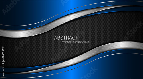 Abstract blue and silver curves with silver lines on dark steel mesh background. with free space for design. modern technology innovation concept background	