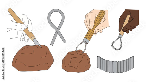 Various pottery tools and clay for sculpting and shaping art.