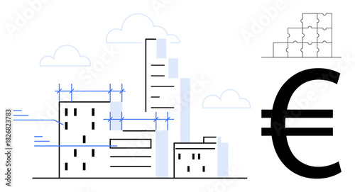 Urban development. Illustration of buildings under construction tied to urban development, city growth, and financial implications. Urban development influences economy, architecture. Perfect