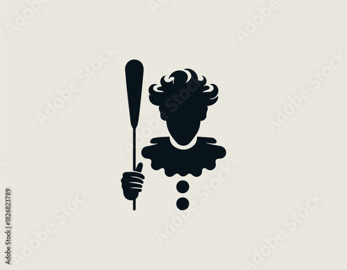 Stylized black vector silhouette of a cheerful cartoon clown or jester character wearing a traditional ruffle collar and oversized shoes, holding a large oval balloon and a hand fan. Circus entertainm