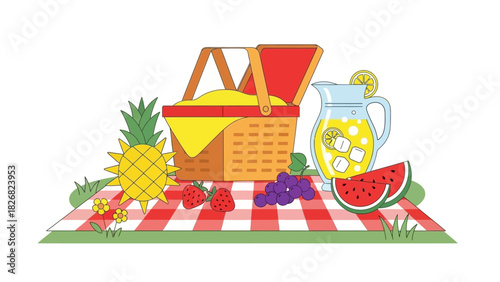 Vibrant summer picnic basket with fresh fruits and lemonade.