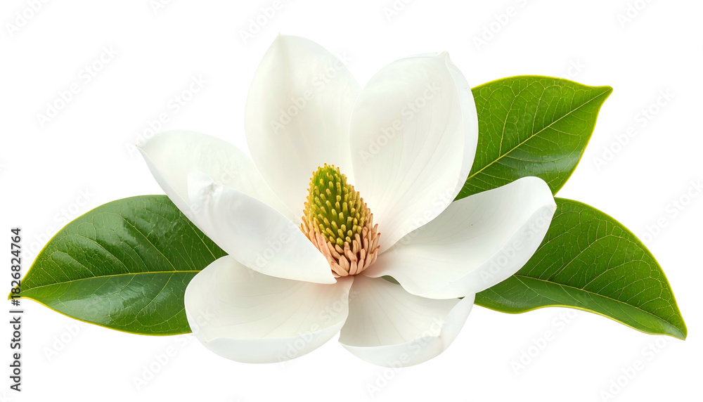 Fototapeta premium Close-up of a pure white flower, featuring vibrant petals and lush green leaves