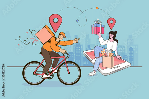 Courier riding bicycle delivering gift box to woman sitting on smartphone. Delivery man tracking route with map location pins in city. Online shopping and food service concept.