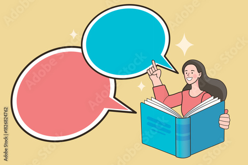 Woman holding open book and pointing finger at blank speech bubbles. Happy girl reading storybook with copy space for text. Education learning concept with dialogue layout.
