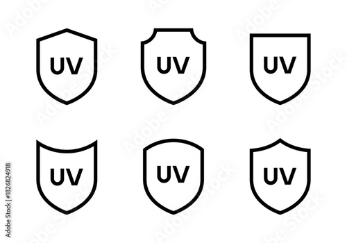 UV protection shield icon set in outline style. Skincare, sunscreen, and safety product symbol