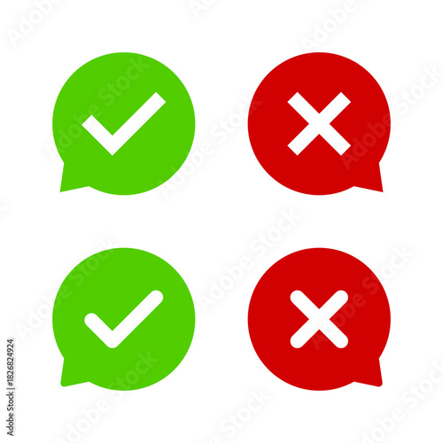 Speech bubble with check and cross mark icon. Approval and rejection message symbol