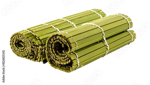 Rolled bamboo mats, secured with white string, isolated on a transparent background