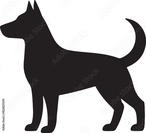 A sleek black silhouette of a dog standing in profile tail curved