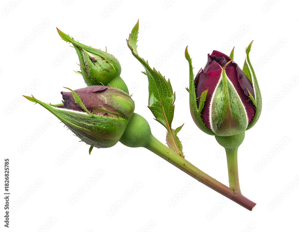 Fototapeta premium Pair of elegant red rose buds with fresh green stems isolated on transparent background