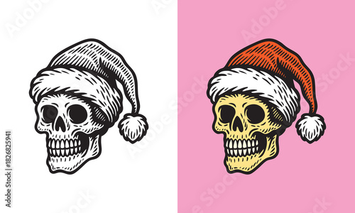 Skull wearing Santa hat, creepy holiday design mixing Christmas theme with spooky character illustration.
