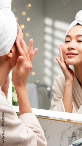 Woman with towel on head applying skincare and smiling in mirror at home