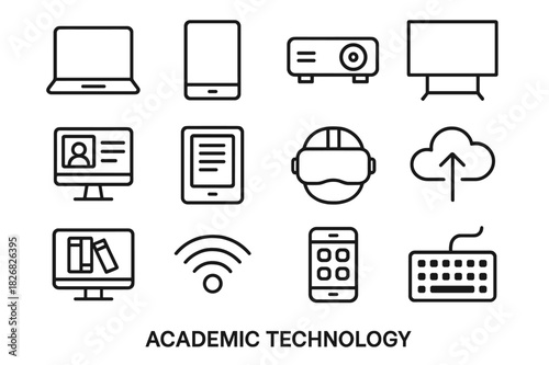 Academic Tech Line Icons. Academic technology. Line icon set of academic technology: laptop, tablet, projector, smartboard, online platform, e-book reader, VR