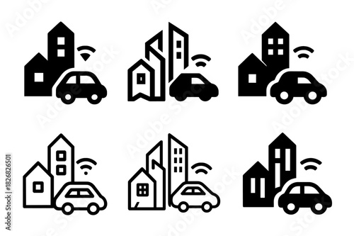 AI Integration Logos. AI integration in everyday life (smart homes, autonomous cars). Icon set. Set Logo of AI integration: city with autonomous transport.