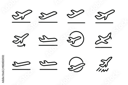 Airplane Maneuver Icons. Airplane Maneuvers. Line icon set of Airplane Maneuvers: takeoff, landing, climbing, descending, turning, hovering, looping, banking,