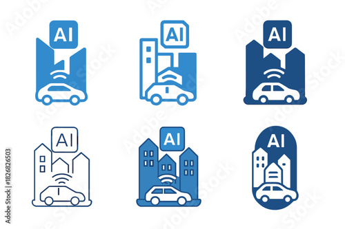 AI Integration Logos. AI integration in everyday life (smart homes, autonomous cars). Icon set. Set Logo of AI integration: city with autonomous transport.