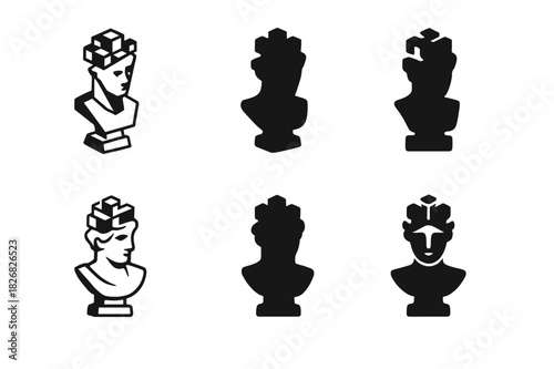 AI Creative Logos. AI in creative industries. Icon set. Set Logo of AI in creative industries: 3D sculpture bust with voxel brain. harmonious logo variations