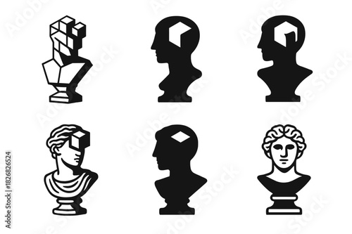 AI Creative Logos. AI in creative industries. Icon set. Set Logo of AI in creative industries: 3D sculpture bust with voxel brain. harmonious logo variations