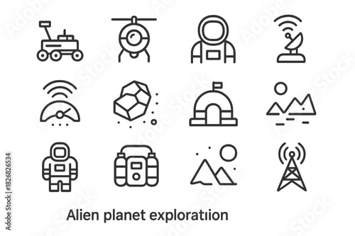 Alien Exploration Icons. Alien planet exploration. Line icon set of alien planet exploration: explorer rover, probe drone, astronaut, atmosphere scanner,