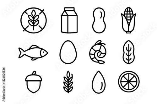 Allergen-Free Icon Set. Allergen-free ingredients. Line icon set of allergen-free ingredients: wheat-free sign, milk carton, peanut, soy bean, fish, egg,