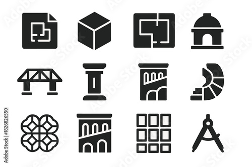 Architectural Icon Set. Architectural Complexity. Solid icon set of Architectural Complexity: blueprint, isometric cube, floor plan, bridge structure, pillar,