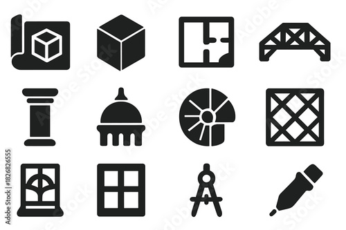 Architectural Icon Set. Architectural Complexity. Solid icon set of Architectural Complexity: blueprint, isometric cube, floor plan, bridge structure, pillar,