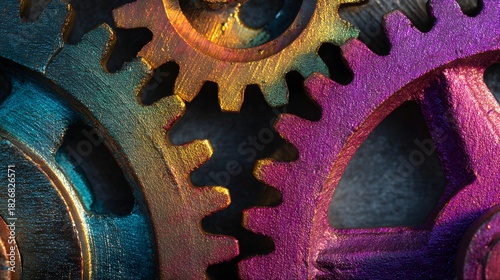 Interlocking metallic mechanical components display vibrant iridescent colors under dramatic lighting